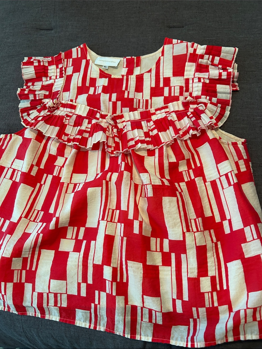 Corey Lynn Calter Red and Cream Geometric Ruffle Blouse